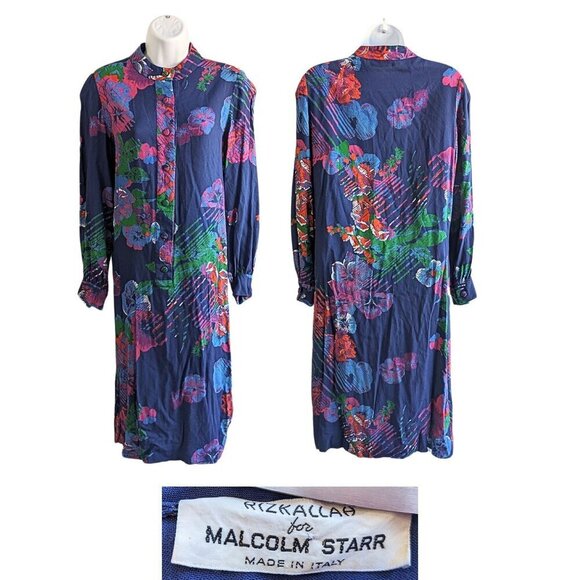Vintage 70s RIZKALLAH for MALCOLM STARR Bold Retro LS Maxi Day Shirtdress Size S - Picture 1 of 7